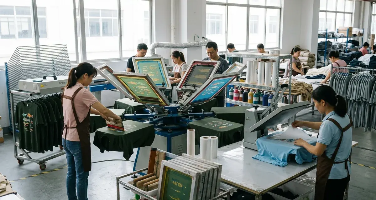 Screen printing station on the decoration workshop floor, generic print artwork on garments, part of the stock-plus-logo finishing process