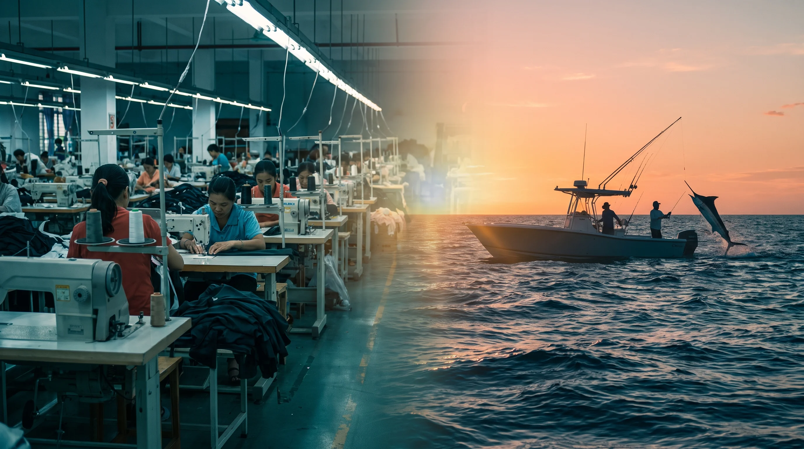 Garment sewing line on the factory floor beside a tournament fishing boat at sunset