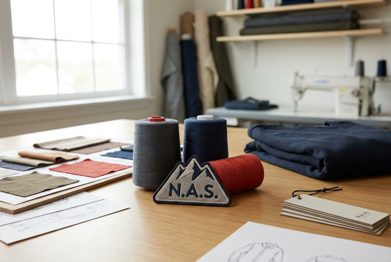 Embroidered sponsor patch, thread spools and fabric swatches laid out beside a sketch of the placement