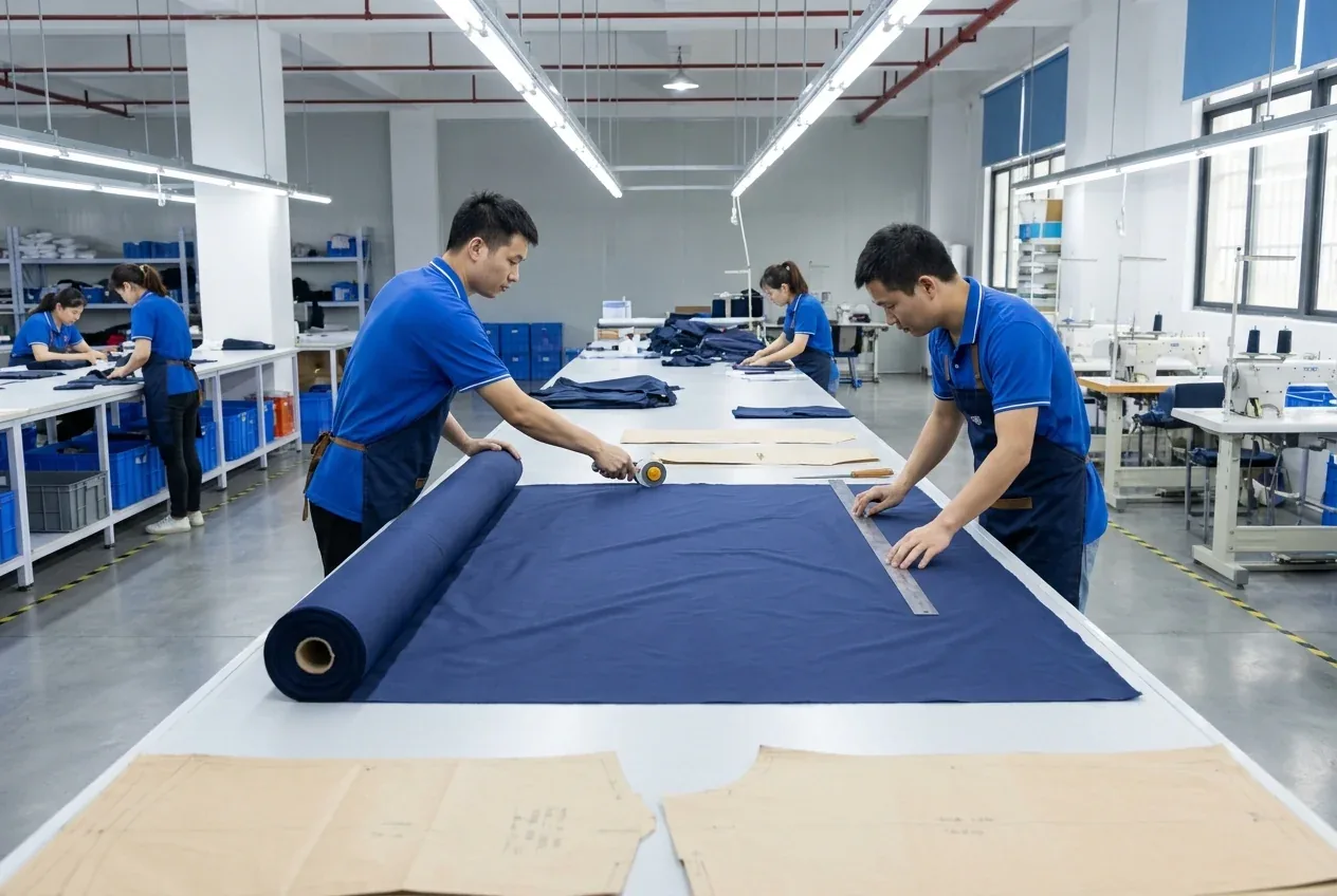 Cutting table with fabric roll and paper pattern being marked before an order is cut